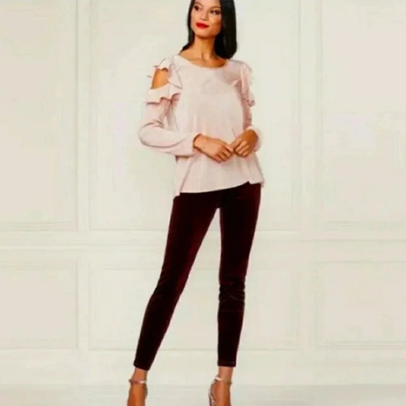 LC Lauren Conrad Runway Women Blush PInk Metallic Cold Shoulder Pleated Top XS - Picture 2 of 14